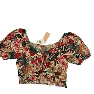 EVOLUTIONARY Hawaiian Floral Print Crop Top Off the Shoulder  Size Extra Large